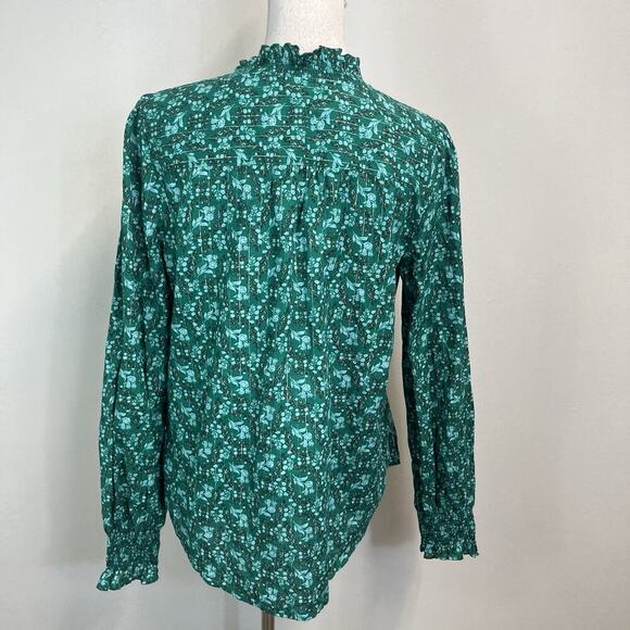 Talbots Blouse sz Medium Dark Green Floral Cottage Core Smocking Prairie Modest - Picture 9 of 10
